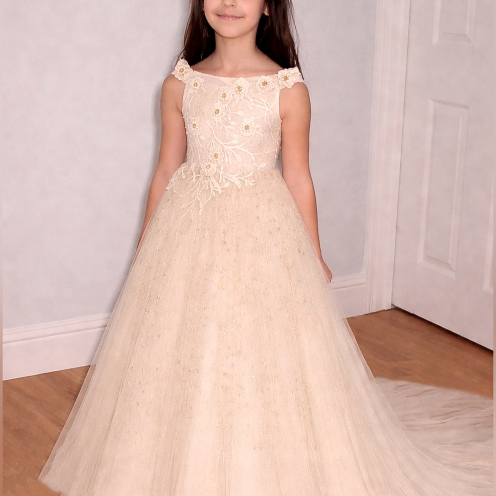 Veaul Elegant Cream & Gold Flower Girl Dress Long train Floral Embroidered